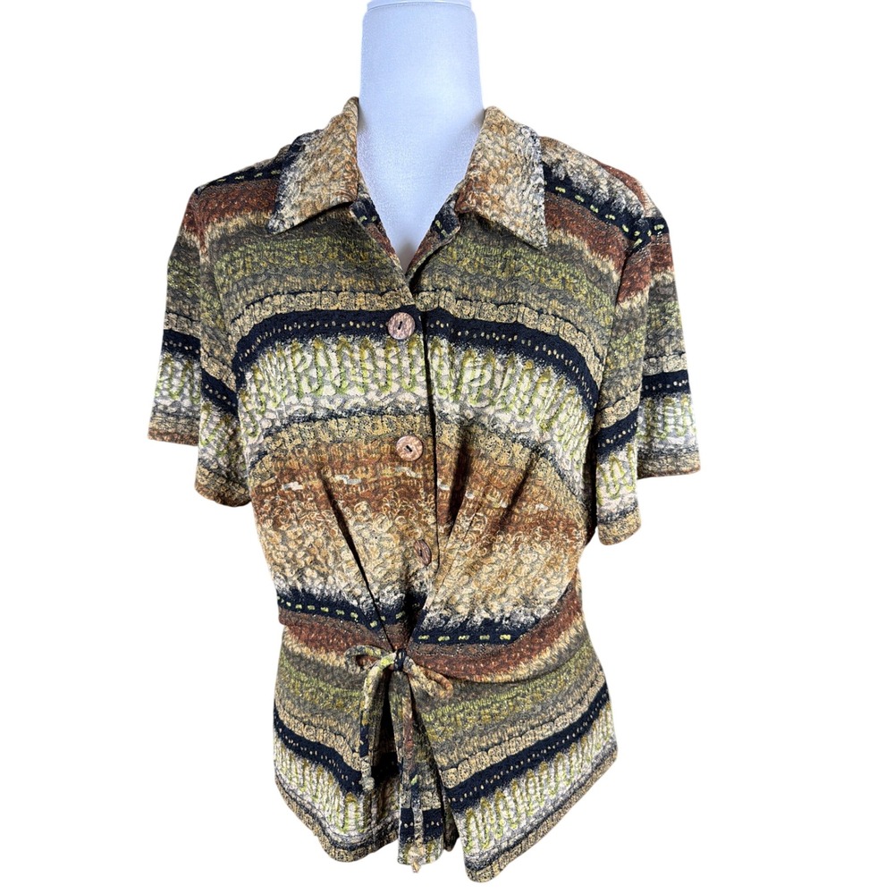 Positive Attitude Womens Petite Tie Front Button Up Top Earth‎ Tone Stripe USA
